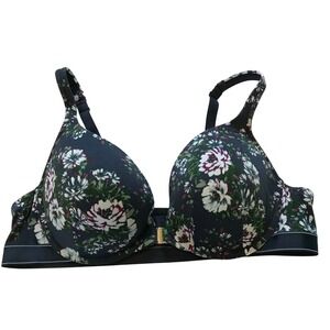 Cacique Boost Plunge Front Close Underwire Bra Floral Navy Blue 46C Lane Bryant